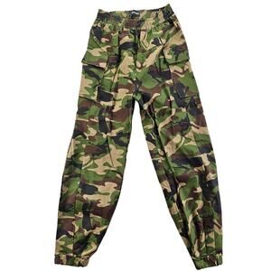 Camo Pants Sz S/M Baggy Cargo Joggers Green Brown Elastic High Waist Guyueqiqin